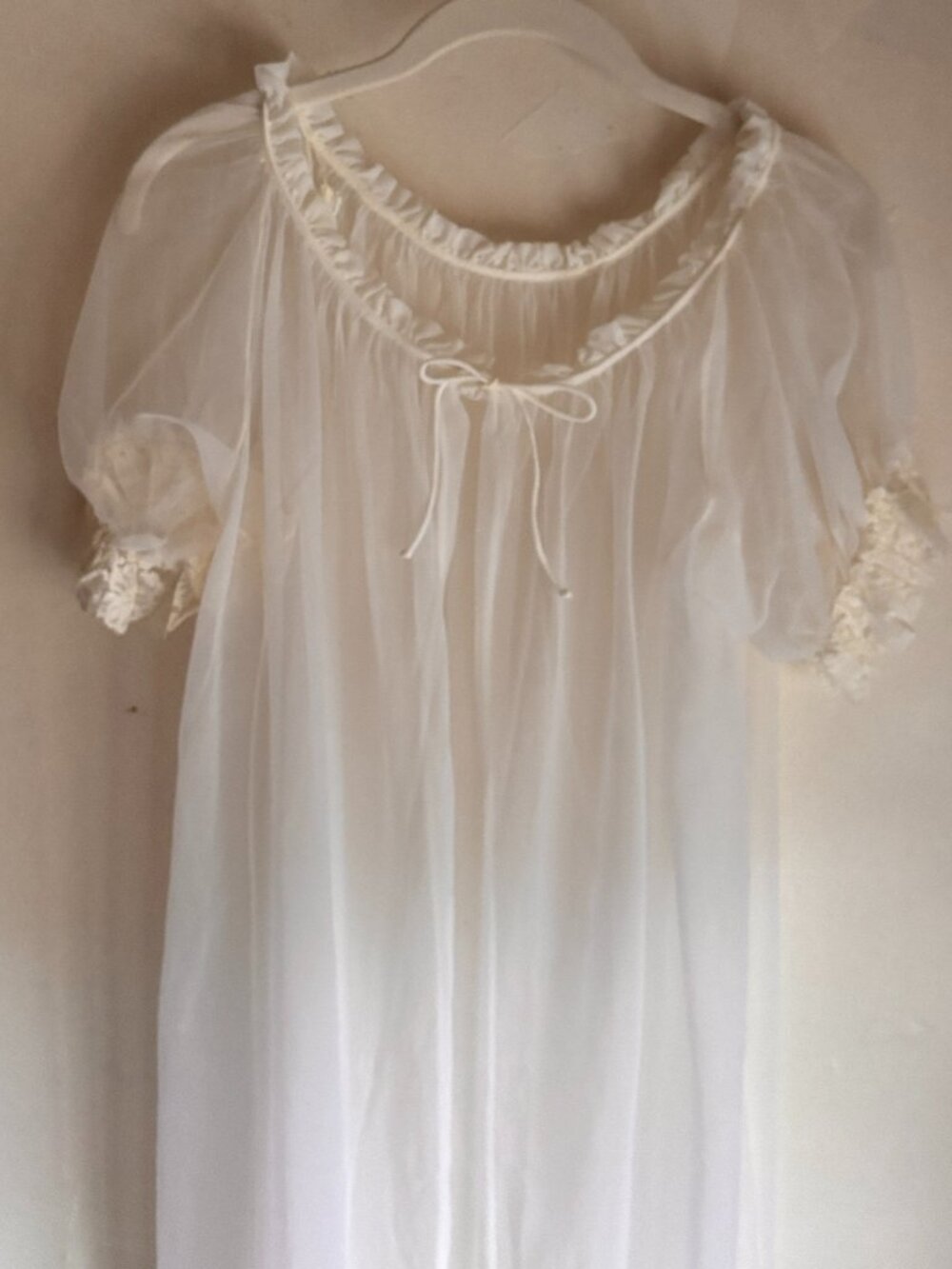 Vintage White Sheer Nightgown Puff Sleeve Lace Ruffle Bridal Cottagecore